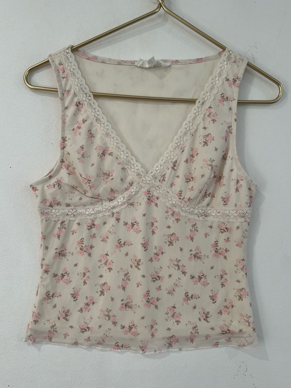 ROSE PINK Floral Sleeveless V-Neck Tank - Pink Cream 2000s romantic Style L